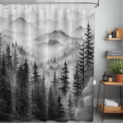 Black and White Forest Extra Long Shower Curtain, Tall 72X84 in, Mens