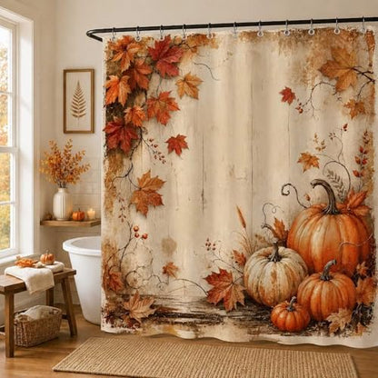 Fall Shower Curtain, Pumpkin Maple Leaves Vintage Wood Bathroom Curtain, Autumn Harvest Farmhouse Thanksgiving Bathroom Decor, Waterproof Polyester Fabric Shower Curtain with Hooks, 72x72 Inch