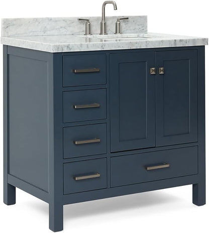 ARIEL Cambridge 36-inch Bathroom Vanity with Sink,Solid Wood, 1.5-inch Italian Carrara Marble Countertop, Single Rectangular Porcelain Sink, 2 Soft Closing Doors, 5 Dovetail Drawers, Midnight Blue