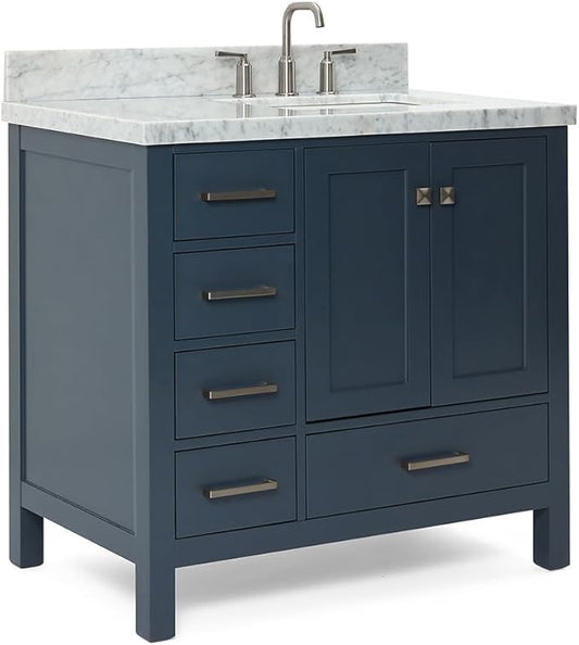 ARIEL Cambridge 36-inch Bathroom Vanity with Sink,Solid Wood, 1.5-inch Italian Carrara Marble Countertop, Single Rectangular Porcelain Sink, 2 Soft Closing Doors, 5 Dovetail Drawers, Midnight Blue