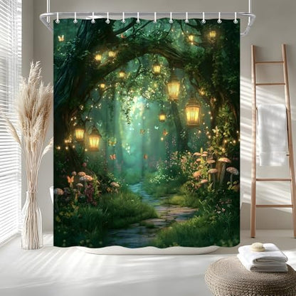 Fantasy Forest Path Shower Curtain Fairy Magical Enchanted Misty Jungle Mushroom Floral Tree Butterfly Lantern Wonderland Bath Curtain Fabric Bathroom Accessories Decor with Hooks 70W x70L