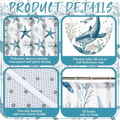 Honoson 8 Pcs Coastal Beach Ocean Theme Bathroom Shower Curtain Set