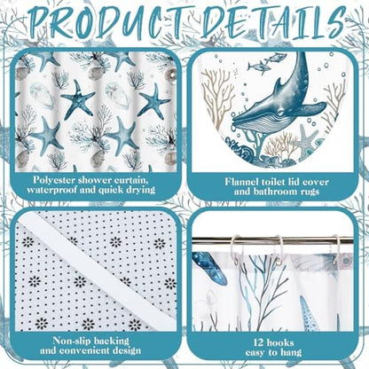 Honoson 8 Pcs Coastal Beach Ocean Theme Bathroom Shower Curtain Set