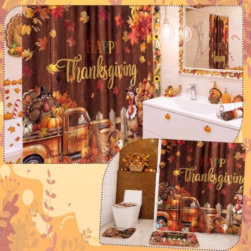 FuWeave 8 Pcs Happy Thanksgiving Shower Curtain Set, Rustic Turkey Pumpkin Farmhouse Bathroom Decor, Non-Slip Bath Rug, U Mat, Toilet Lid Cover, Hand Towels & 12 Hooks, Autumn Fall Harvest Home Decor