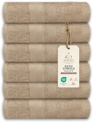Bath Towels Pack of 6 – 24" x 50" – 100% Cotton Terry, Soft, Quick-Dry & Highly Absorbent – Beige Towels for Bathroom, Spa, Gym, Hotel, Pool & Everyday Use