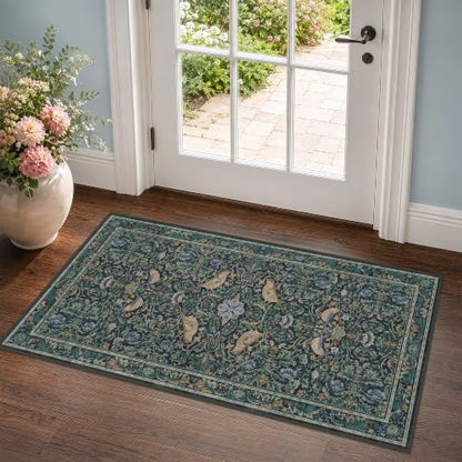Hazo Haus Washable Floral Small 2x4 Thin Door Mats for Inside Entry, Dark Blue Bird Non Slip Kitchen Rug, Low Pile Bathroom Rug, Traditional Carprt for Bedroom Besdide Bed