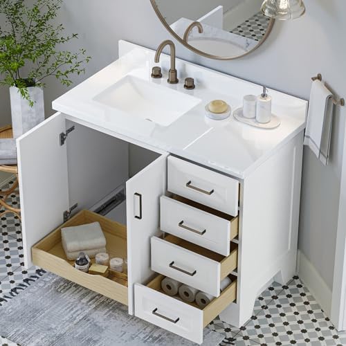 ARIEL Taylor 42-inch Bathroom Vanity with Sink,Solid Wood, 1.5-inch Pure White Quartz Countertop & Backsplash, Single Rectangular Porcelain Sink, 2 Soft Closing Doors, 5 Dovetail Drawers, White