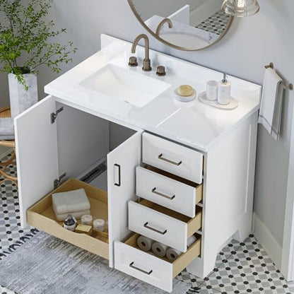 ARIEL Taylor 42-inch Bathroom Vanity with Sink,Solid Wood, 1.5-inch Pure White Quartz Countertop & Backsplash, Single Rectangular Porcelain Sink, 2 Soft Closing Doors, 5 Dovetail Drawers, White