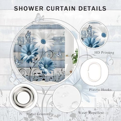 Farmhouse Blue Floral Shower Curtain, Retro Wood, 72W X 72L inches