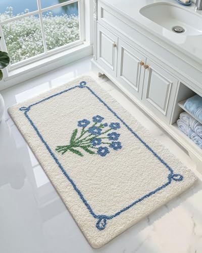 DEXI Floral Bathroom Rugs 43x24, Vintage Blue Bouquet Bath Mat Non Slip