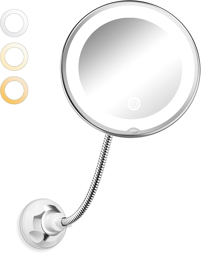 10x Magnifying Mirror with Light,Gooseneck Travel Make up Mirror 3 Lighting | Wall-Mounted Lighted Vanity Makeup Mirror, Cordless Battery Operated LED Mirror with Suction Cups for Shower Bathroom