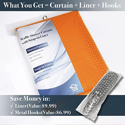 N&Y HOME Waffle Weave Shower Curtain with Snap-in Liner Set Orange, 71x72