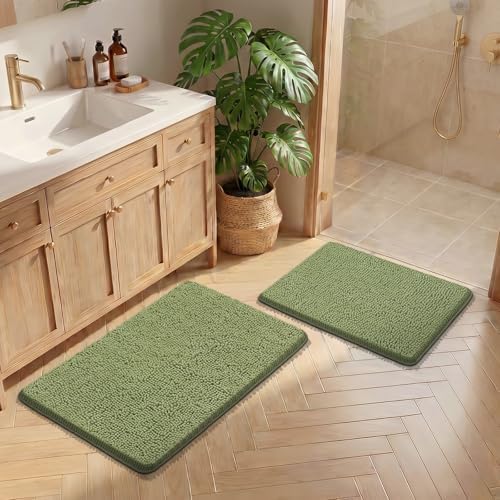 Bcoimo Bath Rugs Mat Set,2 Piece Non Slip Chenille Sage Bathroom Mat Sets