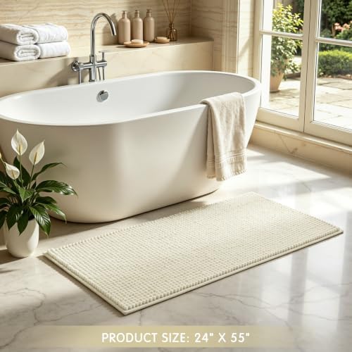 SUBRTEX Bathroom Rugs, 24" x 55" Chenille Bath Rug Soft Short Plush Bath Mat Soft Shower Mat Water Absorbent Shower Mat Quick Dry Machine Washable, Cream White