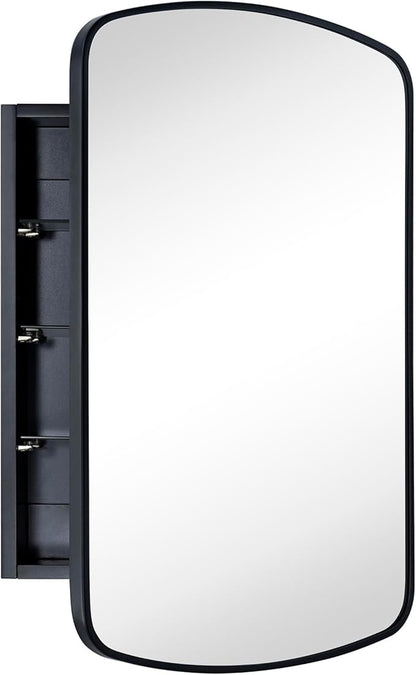 Black Arched Recessed and Surface Mount Bathroom Medicine Cabinet with Mirror Metal Framed Rectangular Bathroom Cabinet with 3 Tempered Glass Adjustable Shelves 18x27''