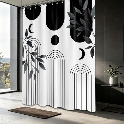 Mid Century Modern White and Black Shower Curtain Bohemian MCM Black and White Shower Curtains for Mens Bathroom Decor, Boho Minimalist Pattern, Waterproof Cloth Fabric with Hooks 70x96 in