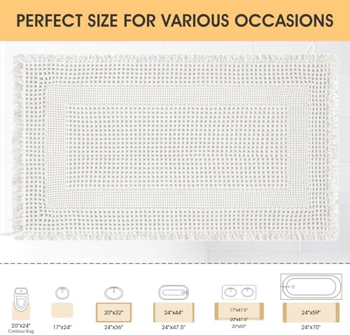 Upgrade Waffle Bath Mat, Boho Bathroom Rugs Absorbent Non Slip, Ultra Soft Bathroom Mat, Machine Washable Knit Bath Rugs with Tassels for Bathroom, Bedroom, Kitchen, Shower, Tub, 36"x24", White