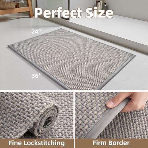 PADOOR-Bath Mat-Super Absorbent Chenille Bathroom Mats-Rubber Backed Bath Mats for Bathroom Non Slip, Easy Clean Bathroom Rugs Front of Bathtub,Shower Room,Sink-24×36, Grey&Beige