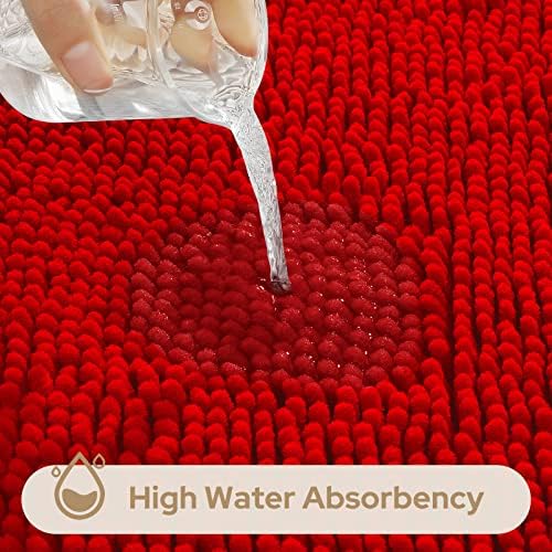 HOMEIDEAS Red Chenille Bathroom Rugs Set of 3, Non Slip Bath Mat