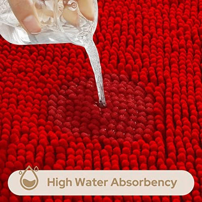 HOMEIDEAS Red Chenille Bathroom Rugs Set of 3, Non Slip Bath Mat