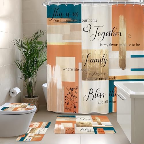 Beige Orange Blue Abstract Oil 4Pcs Bathroom Shower Curtain Set with Rugs