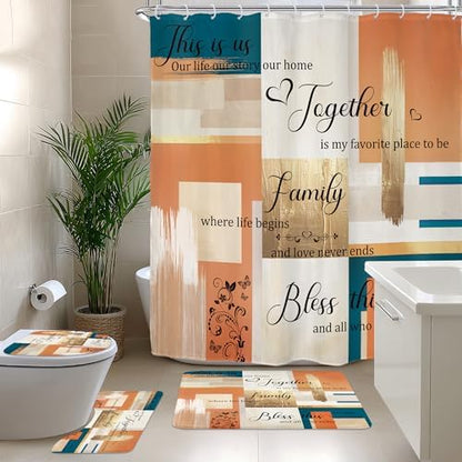 Beige Orange Blue Abstract Oil 4Pcs Bathroom Shower Curtain Set with Rugs