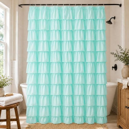 Teal Ruffle Shower Curtain for Bathroom, 72x84 Inch, 1 Panel