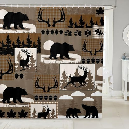 Feelyou Rustic Plaid Shower Curtain Lodge Cabin Bear Bath Curtain for Stalls Bathtubs Country Elk Moose Bathroom Accessories Woodland Brown Waterproof Polyester Fabric with 12 Hooks 72"x72"