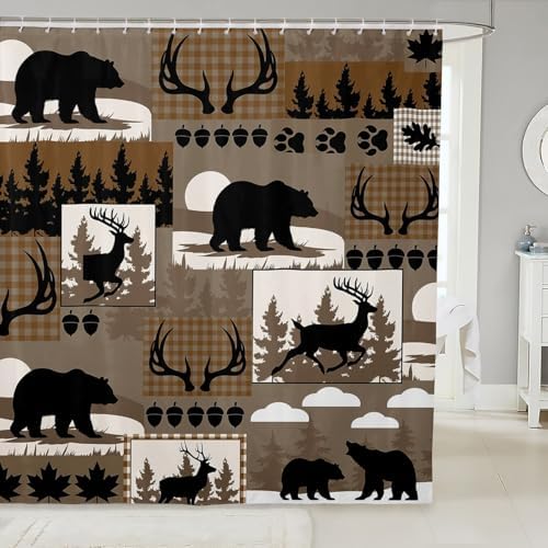 Feelyou Rustic Plaid Shower Curtain Lodge Cabin Bear Bath Curtain for Stalls Bathtubs Country Elk Moose Bathroom Accessories Woodland Brown Waterproof Polyester Fabric with 12 Hooks 72"x78"