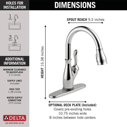 Delta Leland Chrome Touch Kitchen Faucet with Pull Down Sprayer, Traditional Single Hole Touch On Kitchen Sink Faucet, Single Handle, Chrome 9178T-DST