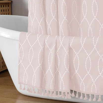 OVZME Pinkte Stall Shower Curtain for Bathroom, Puff Printed Textured Shower Curtain with Tassels, Geometry Heavy Duty Vintage Country Narrow Bathroom Curtain, Water Resistant Fabric, 36Wx72L