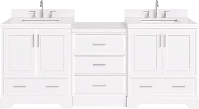 ARIEL Stafford 84-inch Bathroom Vanity with Sink,Solid Wood, 1.5in Carrara White Quartz Countertop & Backsplash, Double Rectangular Porcelain Sink, 4 Soft Closing Doors, 5 Dovetail Drawers, White
