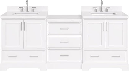 ARIEL Stafford 84-inch Bathroom Vanity with Sink,Solid Wood, 1.5in Carrara White Quartz Countertop & Backsplash, Double Rectangular Porcelain Sink, 4 Soft Closing Doors, 5 Dovetail Drawers, White