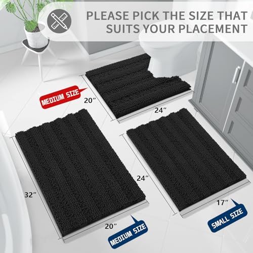 Yimobra Toilet Rugs U Shaped Washable 24 x 20, Non Slip and Super Absorbent Toilet Mat, Quick Dry, Ultra Luxury Microfiber Chenille Plush Fluffy Contour Bath Rugs for Toilet Base, Black