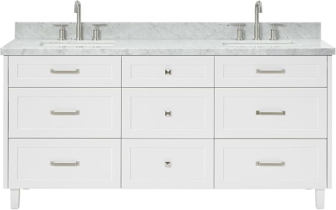 ARIEL Monroe 72-inch Bathroom Vanity with Sink,Solid Wood, 1.5-inch Italian Carrara Marble Countertop & Backsplash, Double Oval Porcelain Sink, 9 Dovetail Drawers, Brushed Nickel, White
