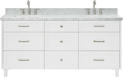 ARIEL Monroe 72-inch Bathroom Vanity with Sink,Solid Wood, 1.5-inch Italian Carrara Marble Countertop & Backsplash, Double Oval Porcelain Sink, 9 Dovetail Drawers, Brushed Nickel, White