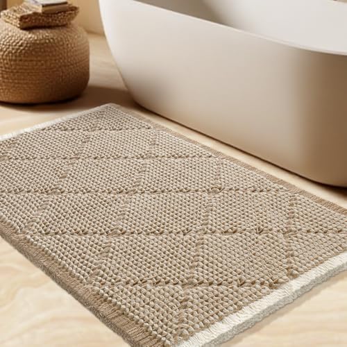 Waffle Bath Mat, Boho Woven Modern Bath Rug Absorbent Non Slip, Ultra Soft Bathroom Mats, Machine Washable Knit Bath Rugs with Rhombus for Bathroom, Bedroom, Kitchen, Shower, 32"x20", Beige & White
