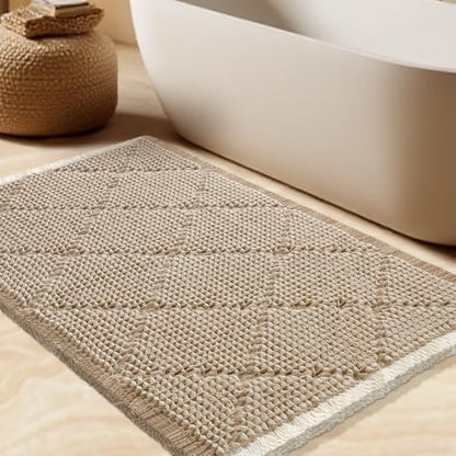 Waffle Bath Mat, Boho Woven Modern Bath Rug Absorbent Non Slip, Ultra Soft Bathroom Mats, Machine Washable Knit Bath Rugs with Rhombus for Bathroom, Bedroom, Kitchen, Shower, 32"x20", Beige & White