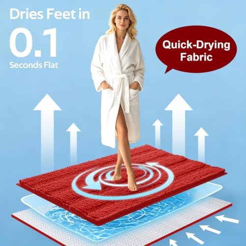 ACCUMTEK Christmas Striped Red Ultra Soft Bathroom Rugs and Mats Set 3 Pieces Bath Mat Set, Thick Chenille Bath Rugs Non Slip Bath Mats for Bathroom, Kitchen, Burgundy