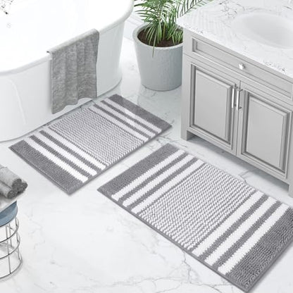 BSICPRO Bathroom Rugs Sets 2 Piece, Non Slip Striped Bath Mats, Light Grey