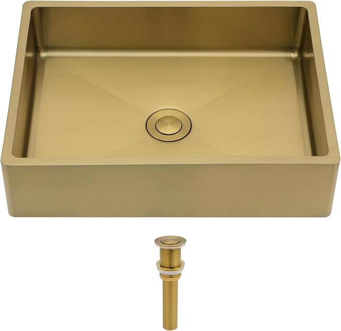 Logmey 16" Gold Shallow Bathroom Vessel Sink 16x12 Small Handmade 16 Gauge Stainless Steel Above Counter 4" Deep RV Bathroom Sink Rectangle Vessel Sinks with Pop up Drain Set