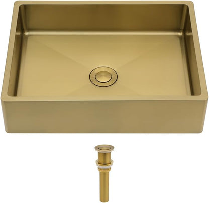 Logmey 16" Gold Shallow Bathroom Vessel Sink 16x12 Small Handmade 16 Gauge Stainless Steel Above Counter 4" Deep RV Bathroom Sink Rectangle Vessel Sinks with Pop up Drain Set