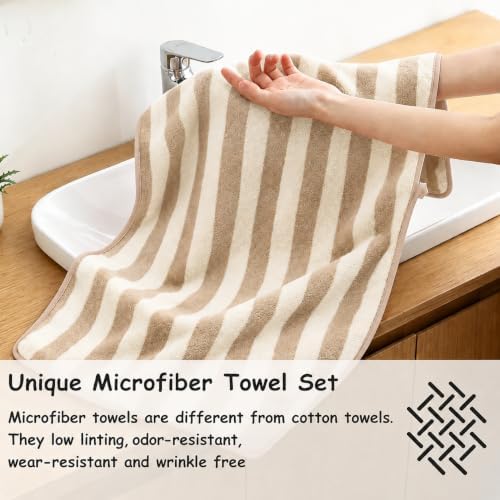18 Pcs Light Brown Beige Cabana Stripe Bath Towel Set with Hanging Loop-6 Bath Towels,6 Hand Towels,6 Washcloths Family Towels Soft Microfiber Highly Absorbent Shower Towel for Bathroom Beach Spa Gym