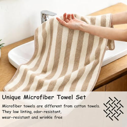 18 Pcs Light Brown Beige Cabana Stripe Bath Towel Set with Hanging Loop-6 Bath Towels,6 Hand Towels,6 Washcloths Family Towels Soft Microfiber Highly Absorbent Shower Towel for Bathroom Beach Spa Gym