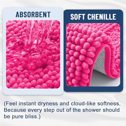 Grandaily Chenille Striped Bathroom Rugs 24x16, Extra Thick and Absorbent Bath Mats, Non-Slip Soft Plush Shaggy Shower Carpet, Machine Wash Dry, Bath Rug for Bathroom, (Small, Deep Pink)