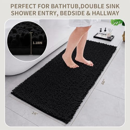 Bathroom Rugs Non Slip Washable 60x24, Extra Thick Soft Chenille Absorbent Bath Mat, High Density Barrier Non Slip Backing, Quick Dry Plush Shaggy Floor Carpet for Tub&Shower, Black