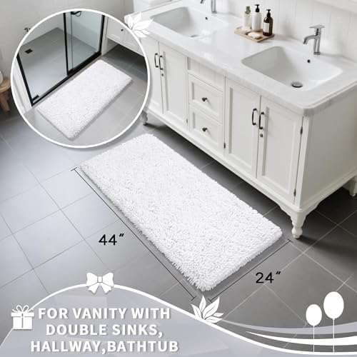 Yimobra Long Bathroom Rug Non Slip 44x24 Inch, Extra Thick Soft Absorbent Chenille Bath Mat, Machine Washable Quick Dry Bath Rugs for Bathroom Floor, Tub and Shower, Home Decor Accessories, White