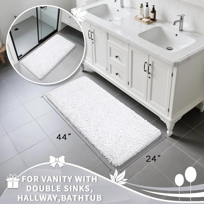 Yimobra Long Bathroom Rug Non Slip 44x24 Inch, Extra Thick Soft Absorbent Chenille Bath Mat, Machine Washable Quick Dry Bath Rugs for Bathroom Floor, Tub and Shower, Home Decor Accessories, White