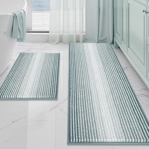 BSICPRO Bathroom Rugs Sets 2 Piece, Non Slip Striped Bath Mats, Sea Green