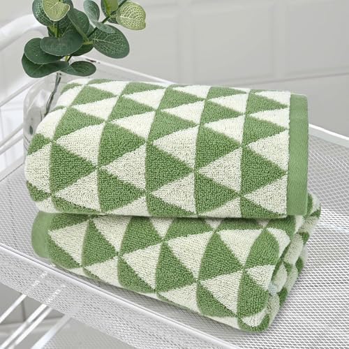 Green Hand Towels for Kitchen & Bathroom (Geometric Triangle), 2 Pack